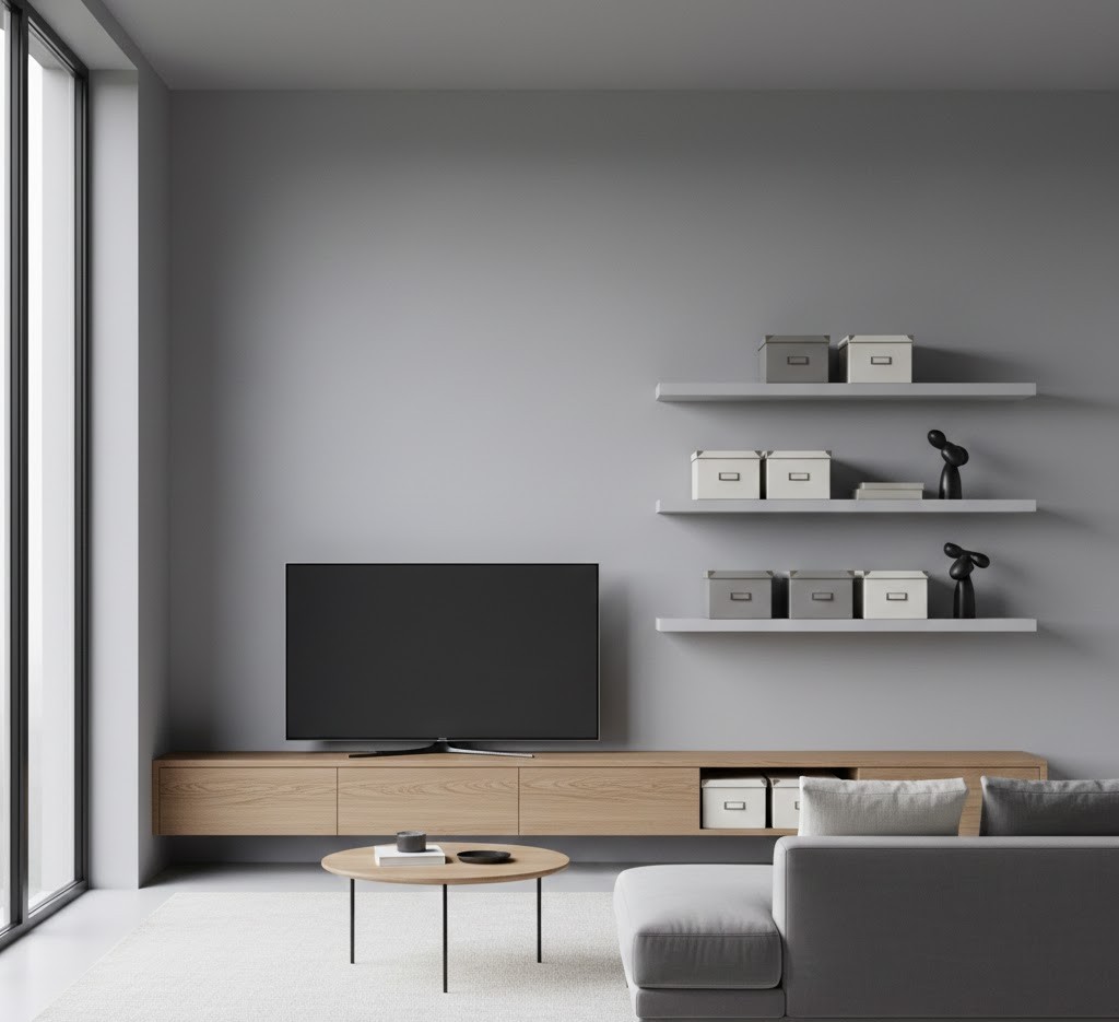 Minimalist living room with storage solutions